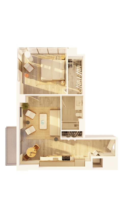 Floor plan for 1 bed, 1 bath, 722 sqft